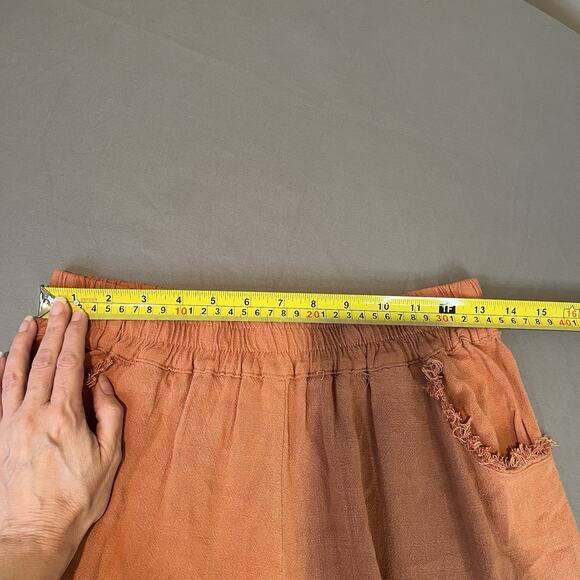 Umgee Small Orange Wide Leg Linen Blend Elastic Waist Freyed Hem Pants Pockets - Picture 6 of 9